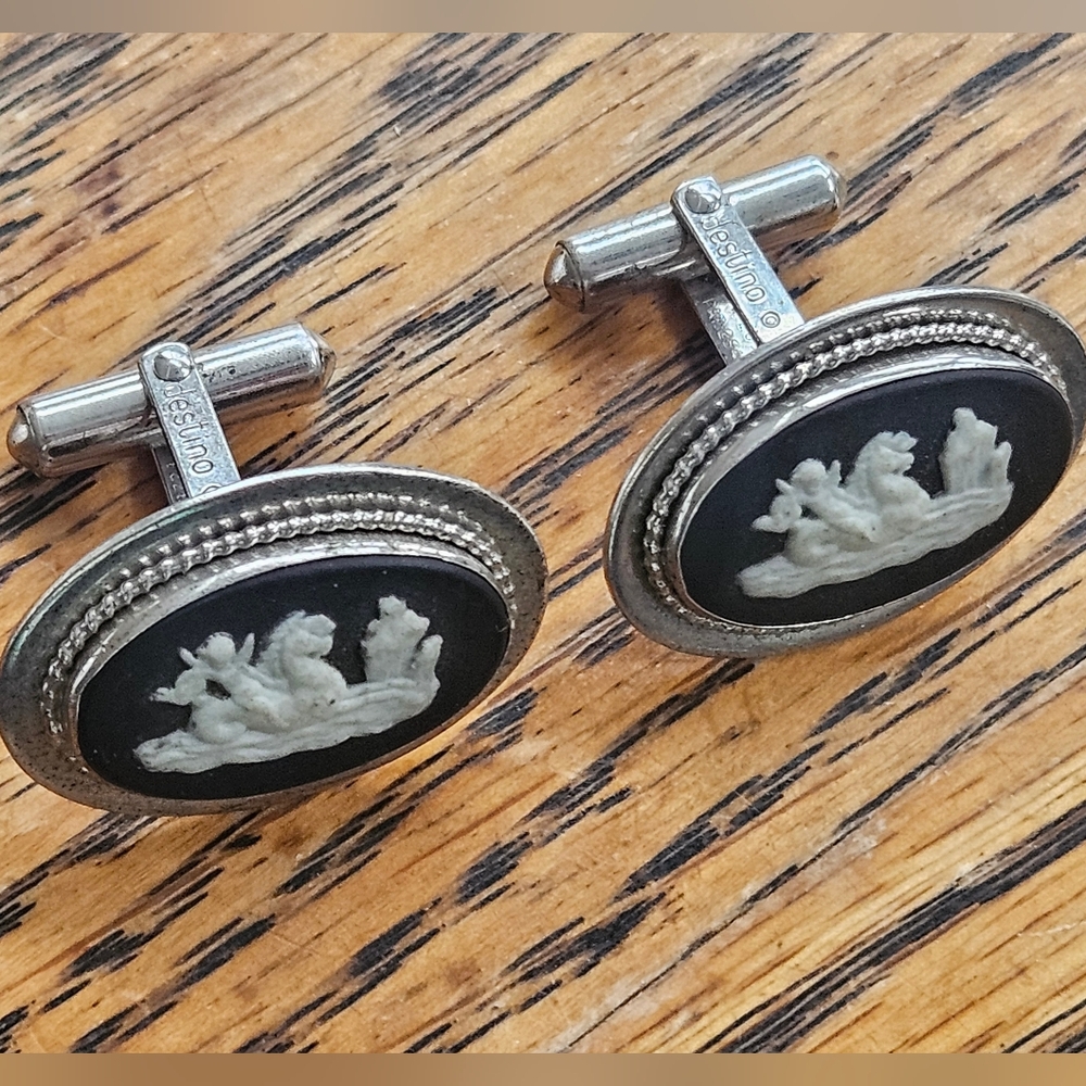 Vintage Wedgwood Destino Black Jasperware Sterling Silver Cufflinks 1" - Picture 2 of 4